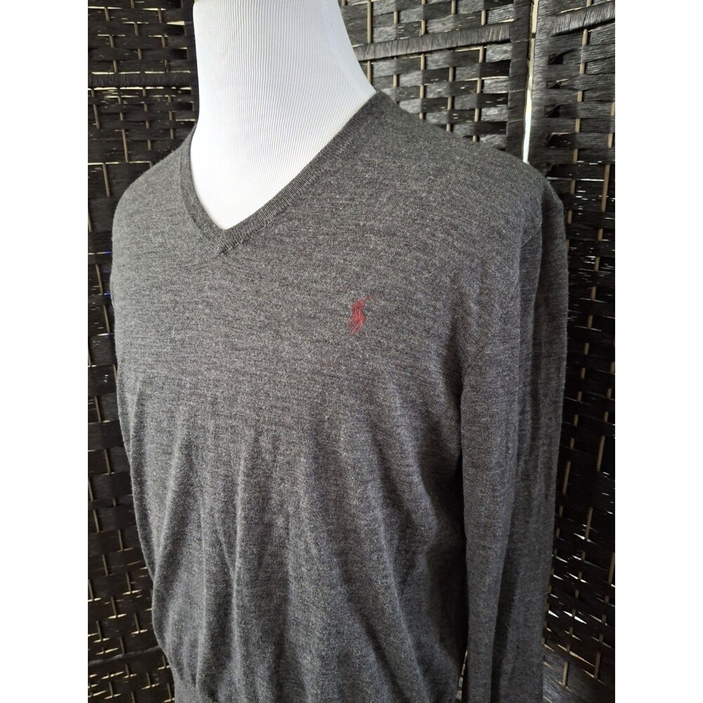 Polo Ralph Lauren Sweater Men XL Gray Merino Wool Knit V Neck Vintage Y2K Preppy